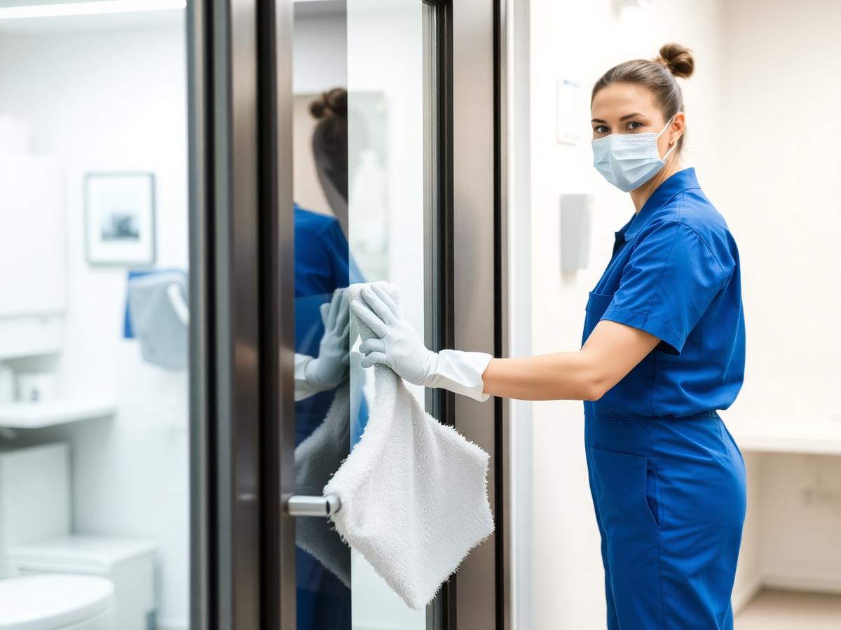 Cleaner disinfecting a medical office door